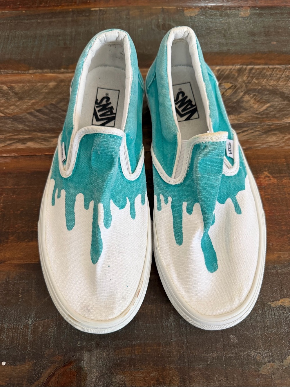 Vans Off The Wall Unisex M 9.5 W 11 Turquoise Paint Splatter Canvas Slip On